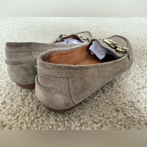 Kate Spade Carson Dark Beige/Gray Suede Loafers Gold Buckle Size 6 - Picture 7 of 14